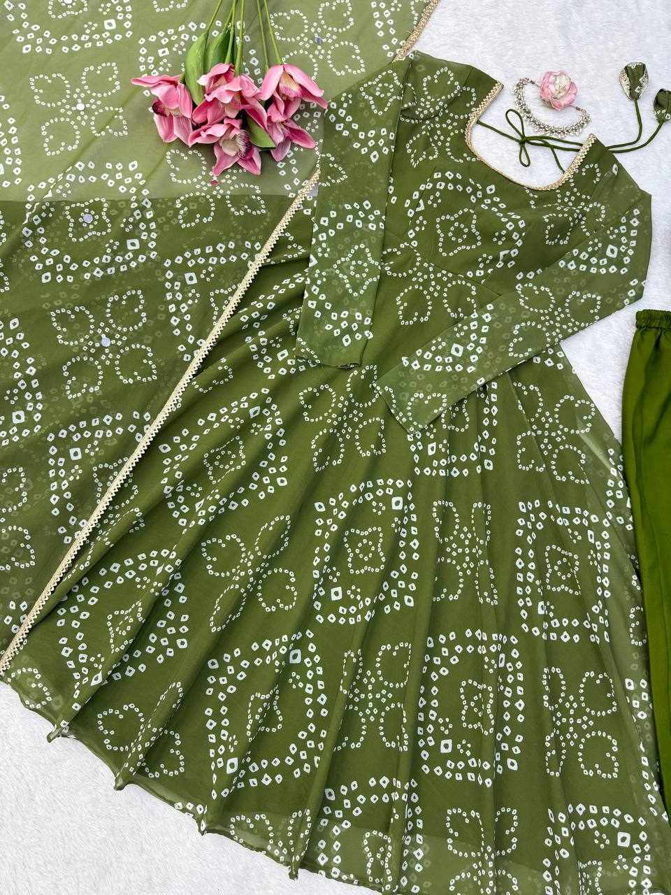 Olive Green Bandhani Anarkali Set    (RTC 6063 )