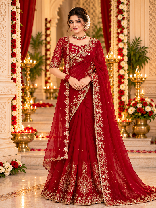 Royal Maroon Zari Embroidered Bridal Saree     (KD 641)