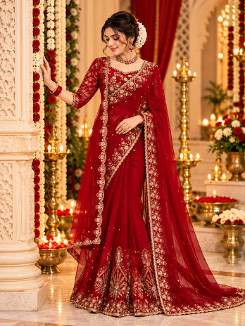 Royal Maroon Zari Embroidered Bridal Saree     (KD 641) - Detailed Pallu View