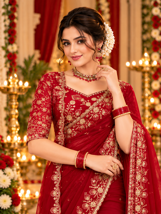 Royal Maroon Zari Embroidered Bridal Saree     (KD 641)