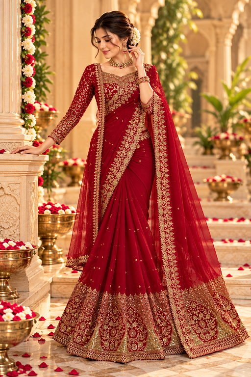  Premium Elegance Faux Georgette Party Wear Red Saree    (KD 640) - Detailed Pallu View