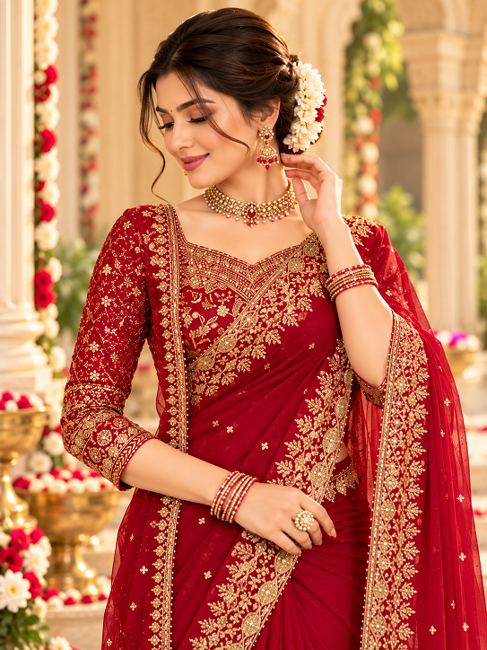  Premium Elegance Faux Georgette Party Wear Red Saree    (KD 640)