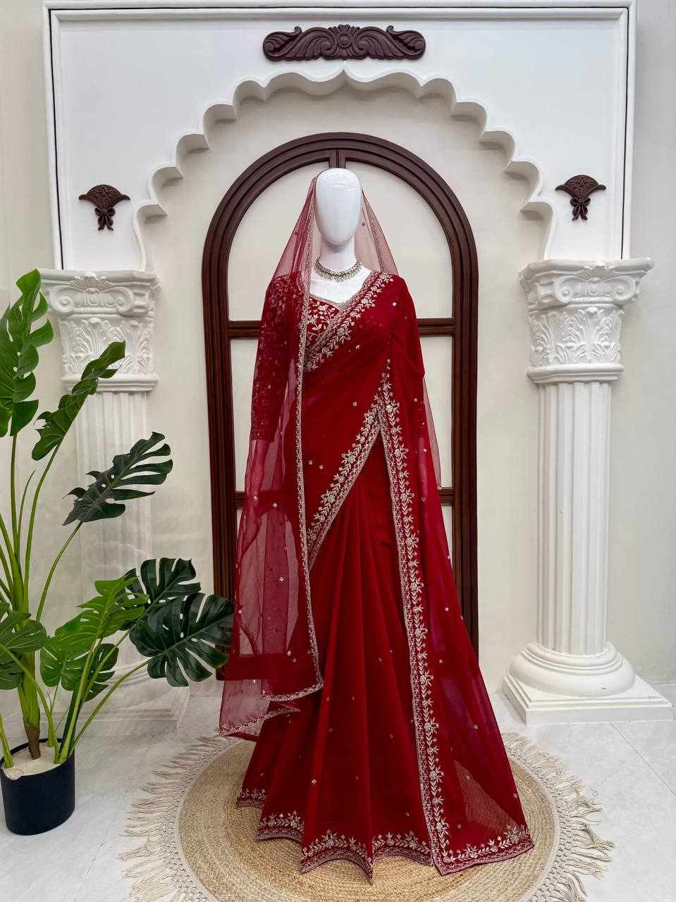  Premium Elegance Faux Georgette Party Wear Red Saree    (KD 640)