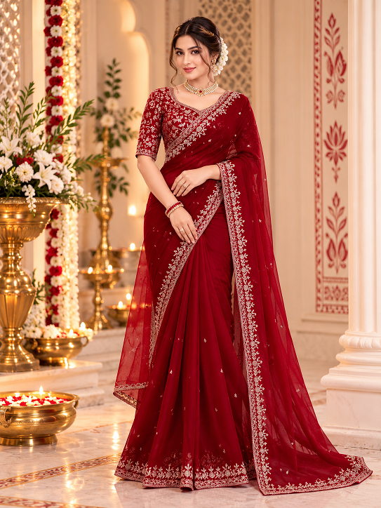 Premium Elegance Ethic Faux Georgette Design Maroon Saree    (KD 643)