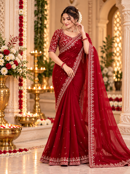 Premium Elegance Ethic Faux Georgette Design Maroon Saree    (KD 643)