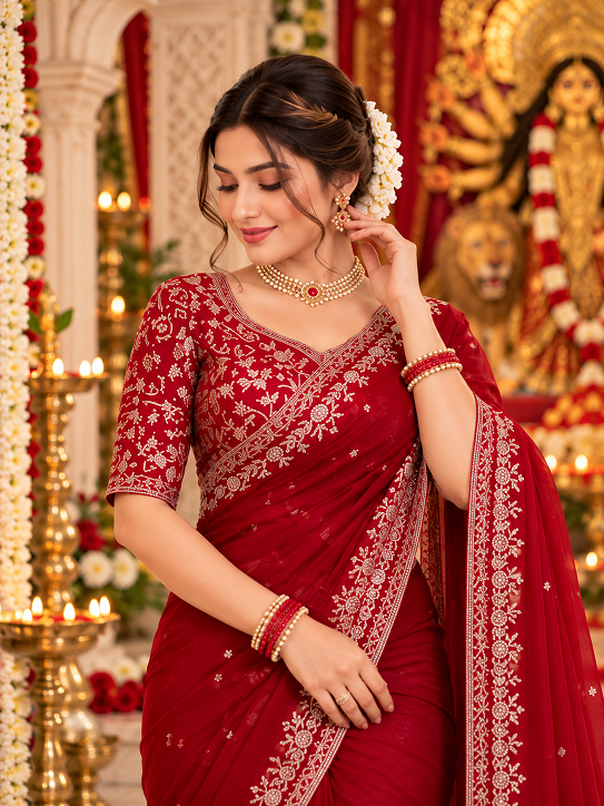Premium Elegance Ethic Faux Georgette Design Maroon Saree    (KD 643)