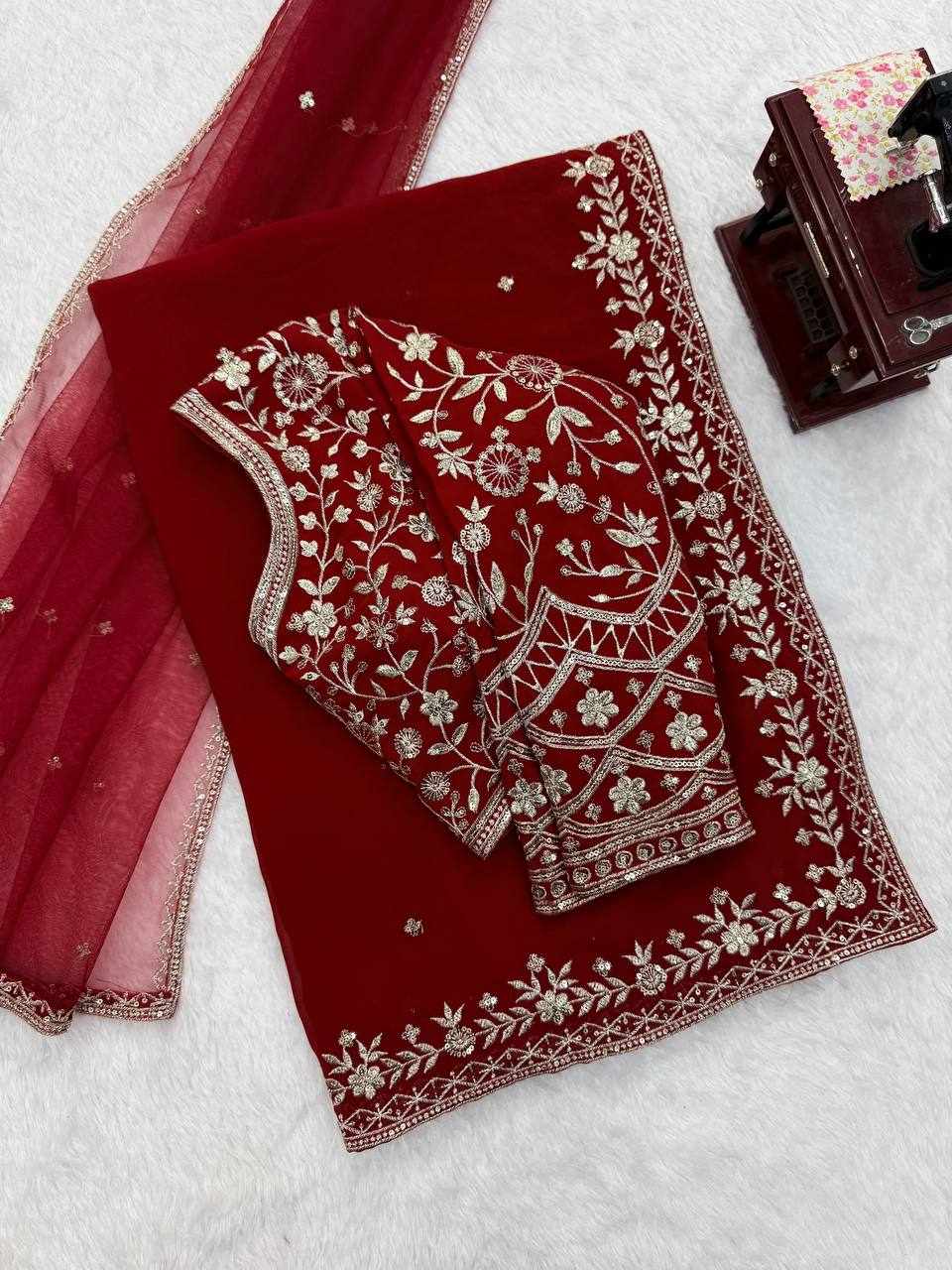 Premium Elegance Ethic Faux Georgette Design Maroon Saree    (KD 643)