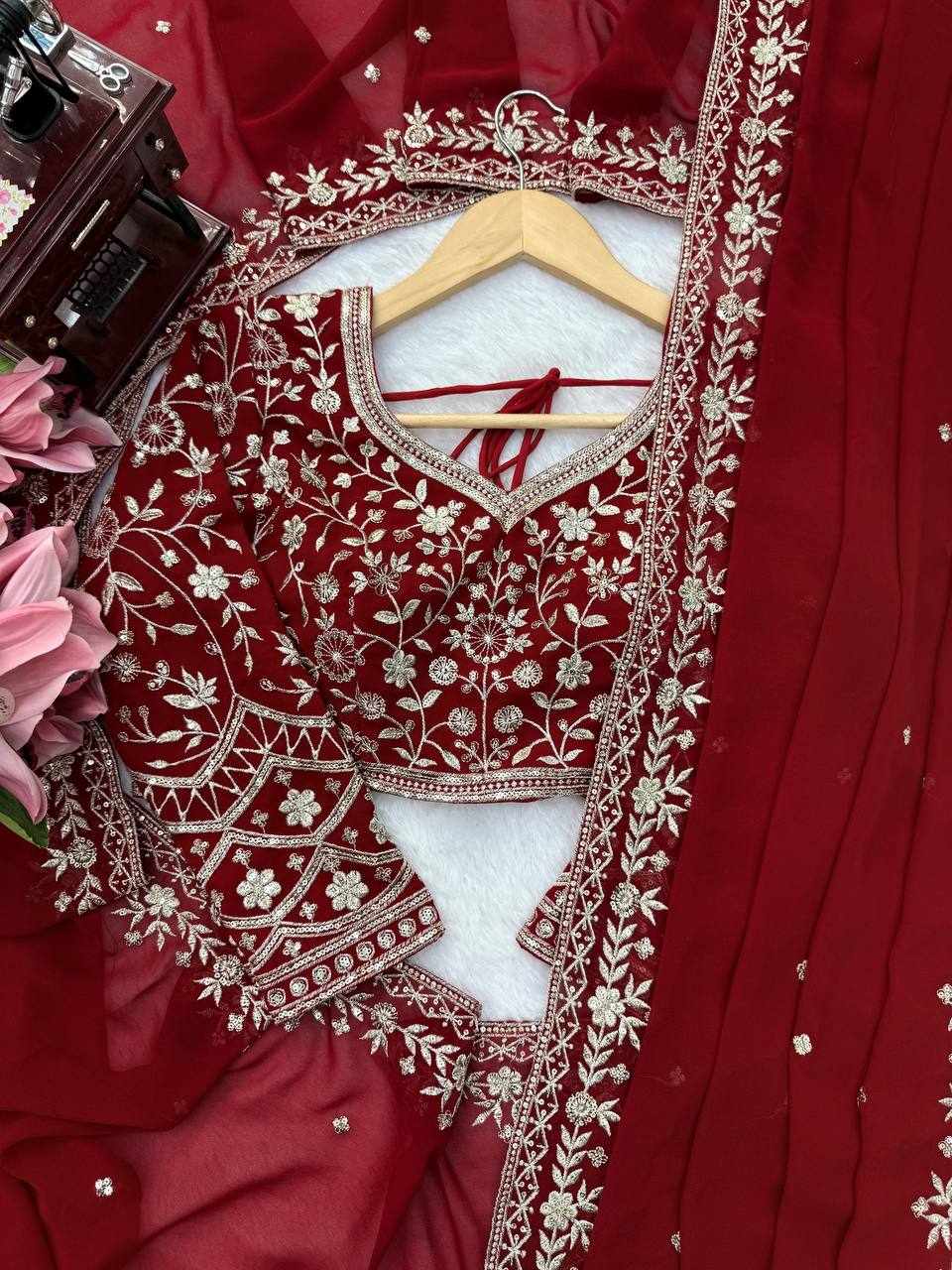 Premium Elegance Ethic Faux Georgette Design Maroon Saree    (KD 643)