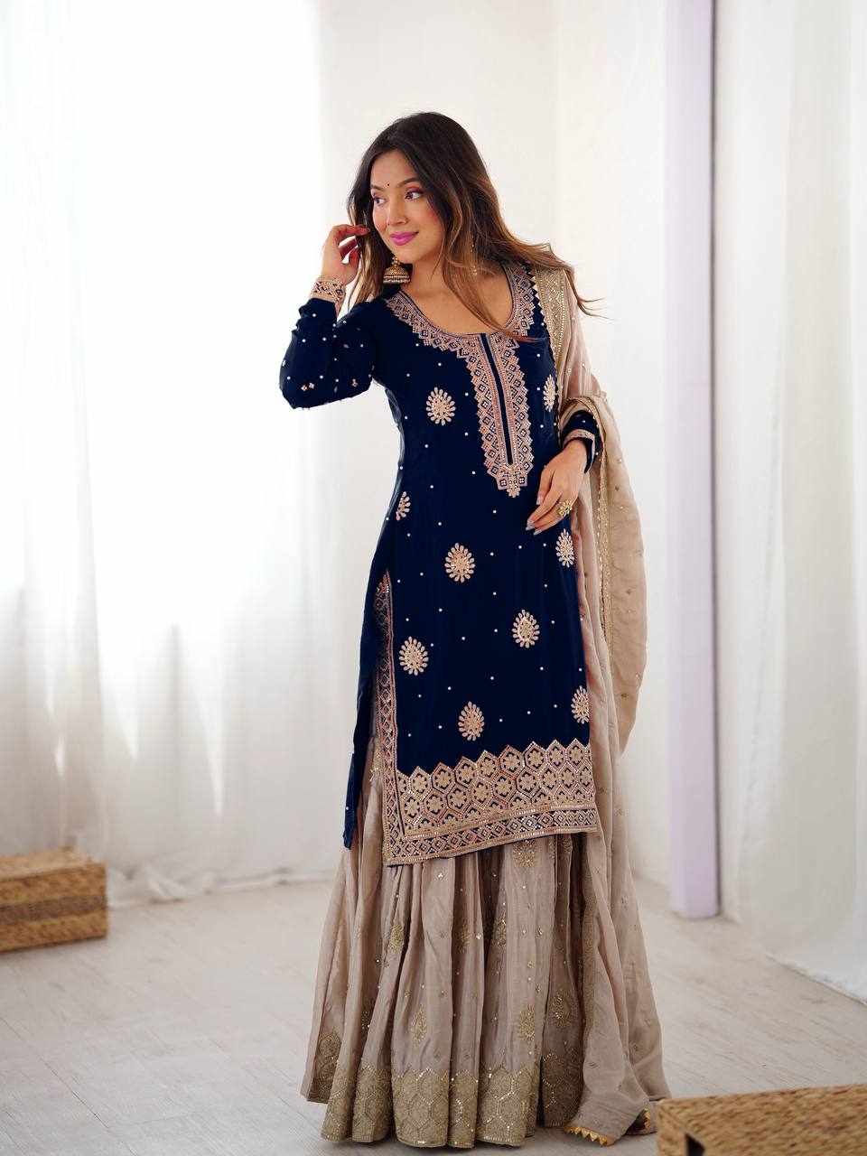 Navy Blue Embroidered Anarkali Sharara Set  RTC 38 