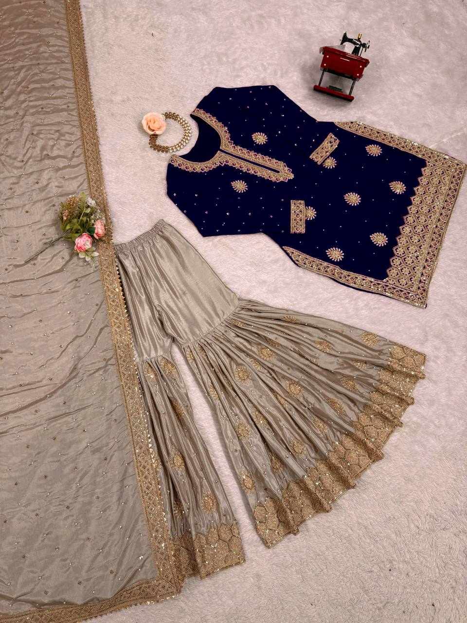 Navy Blue Embroidered Anarkali Sharara Set  RTC 38 