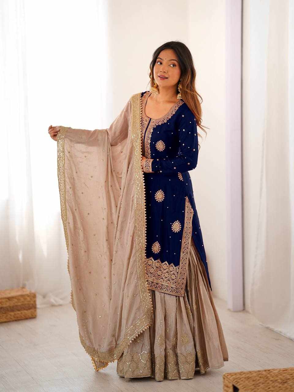 Navy Blue Embroidered Anarkali Sharara Set  RTC 38 