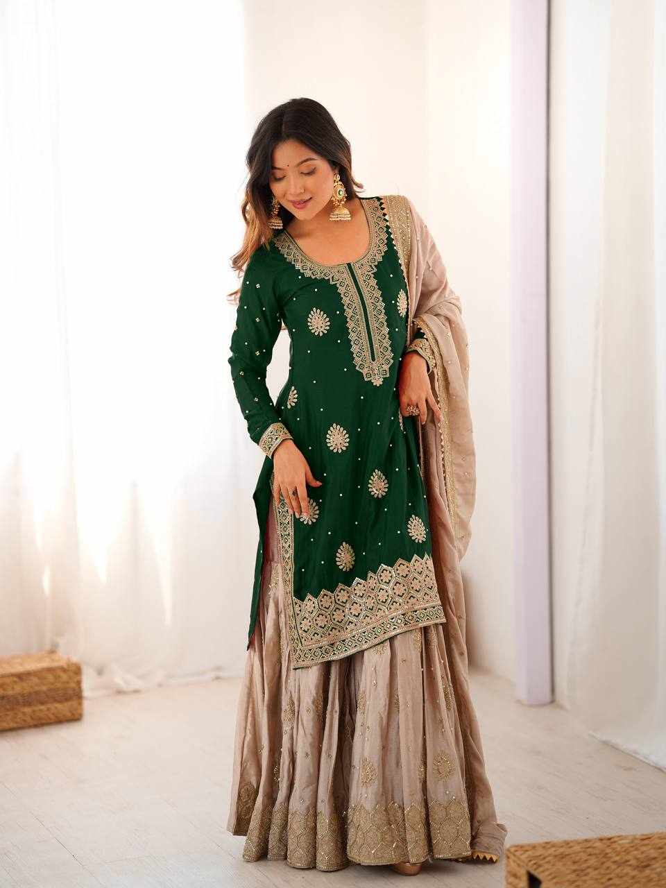 Emerald Green Embroidered Anarkali Lehenga Set  RTC 38 