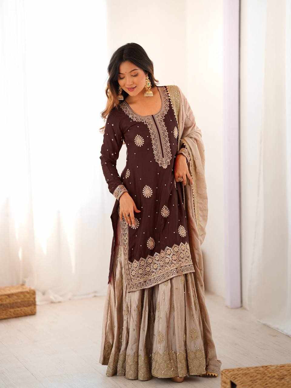 Chocolate Brown Embroidered Anarkali Lehenga Set  