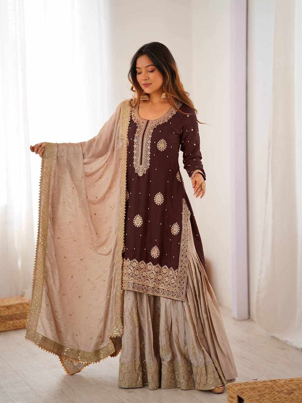 Chocolate Brown Embroidered Anarkali Lehenga Set  