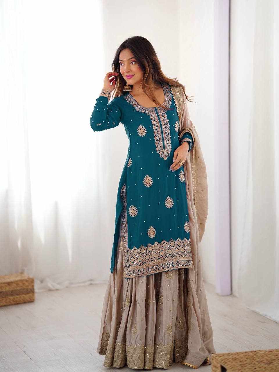 Teal Blue Embroidered Anarkali Lehenga Set  RTC 38