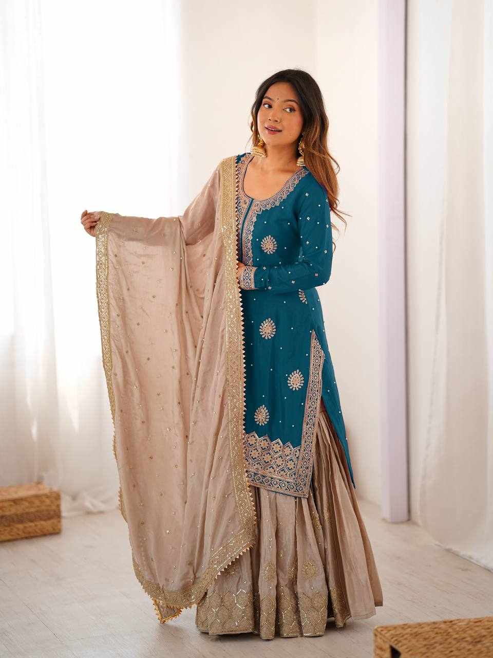 Teal Blue Embroidered Anarkali Lehenga Set  RTC 38
