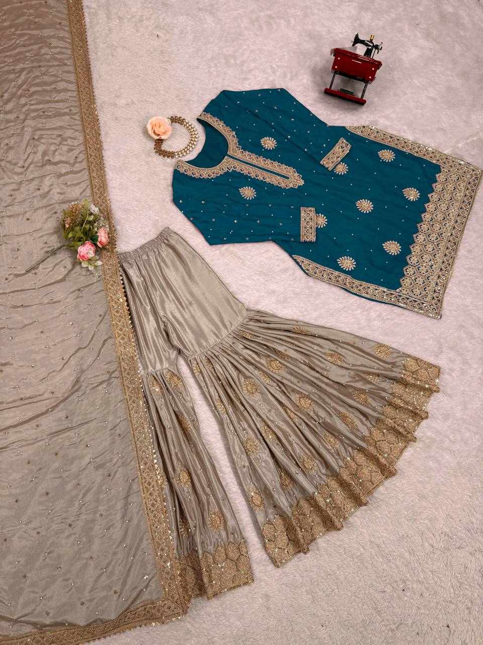 Teal Blue Embroidered Anarkali Lehenga Set  RTC 38