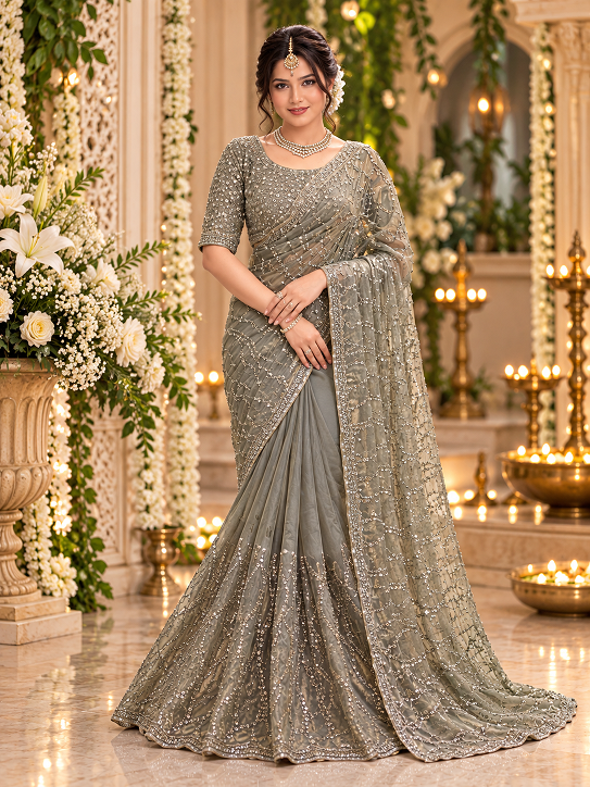 Elegant Grey Sequin Embroidered Designer Saree   (KD 645)