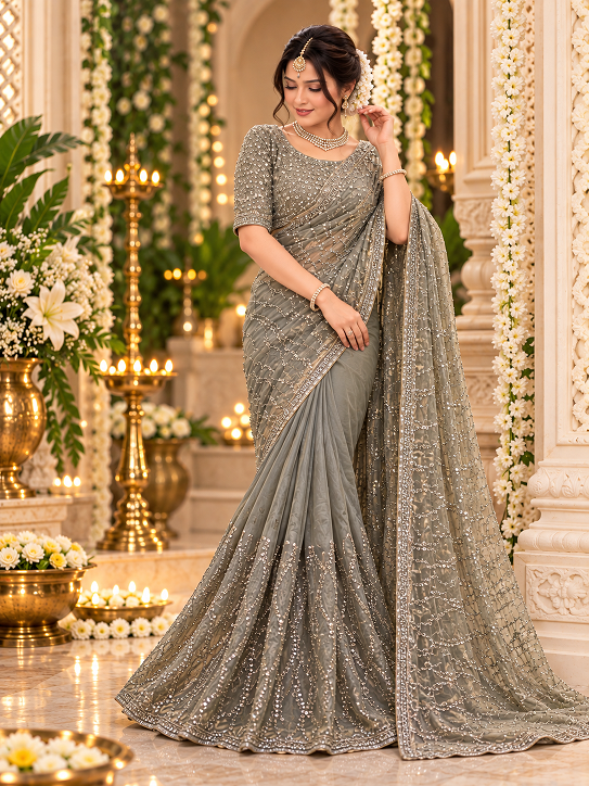Elegant Grey Sequin Embroidered Designer Saree   (KD 645)
