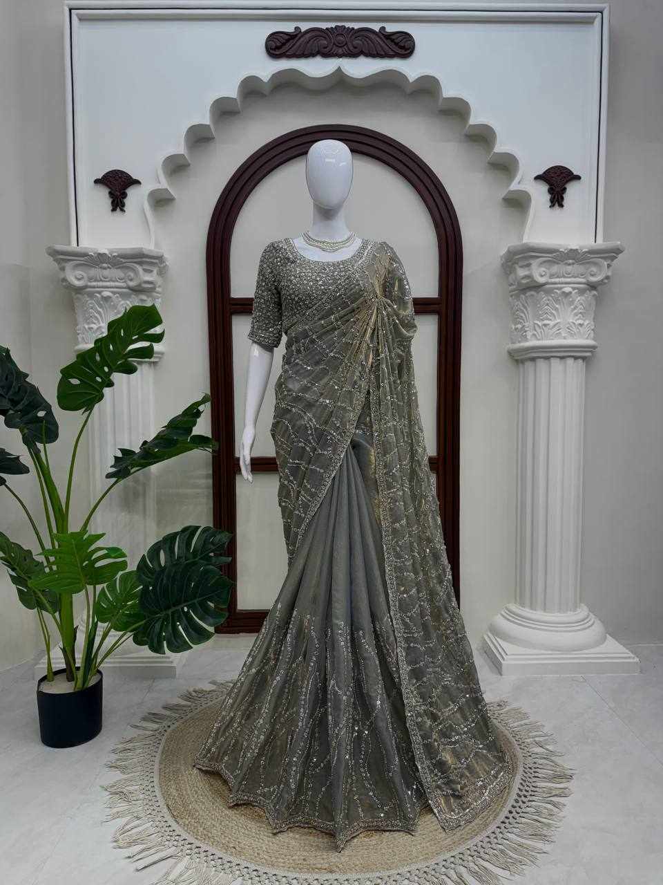 Elegant Grey Sequin Embroidered Designer Saree   (KD 645)