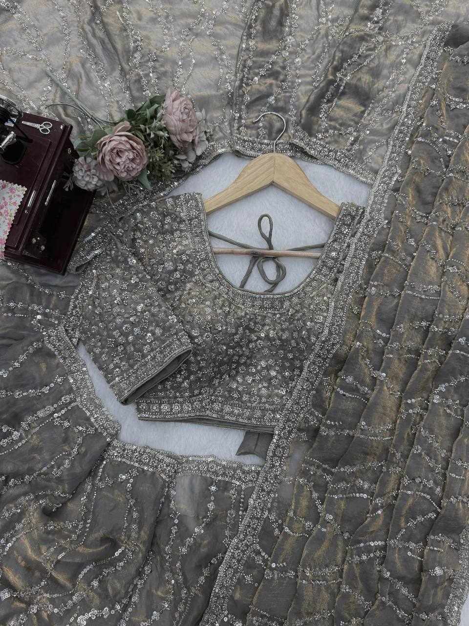 Elegant Grey Sequin Embroidered Designer Saree   (KD 645)