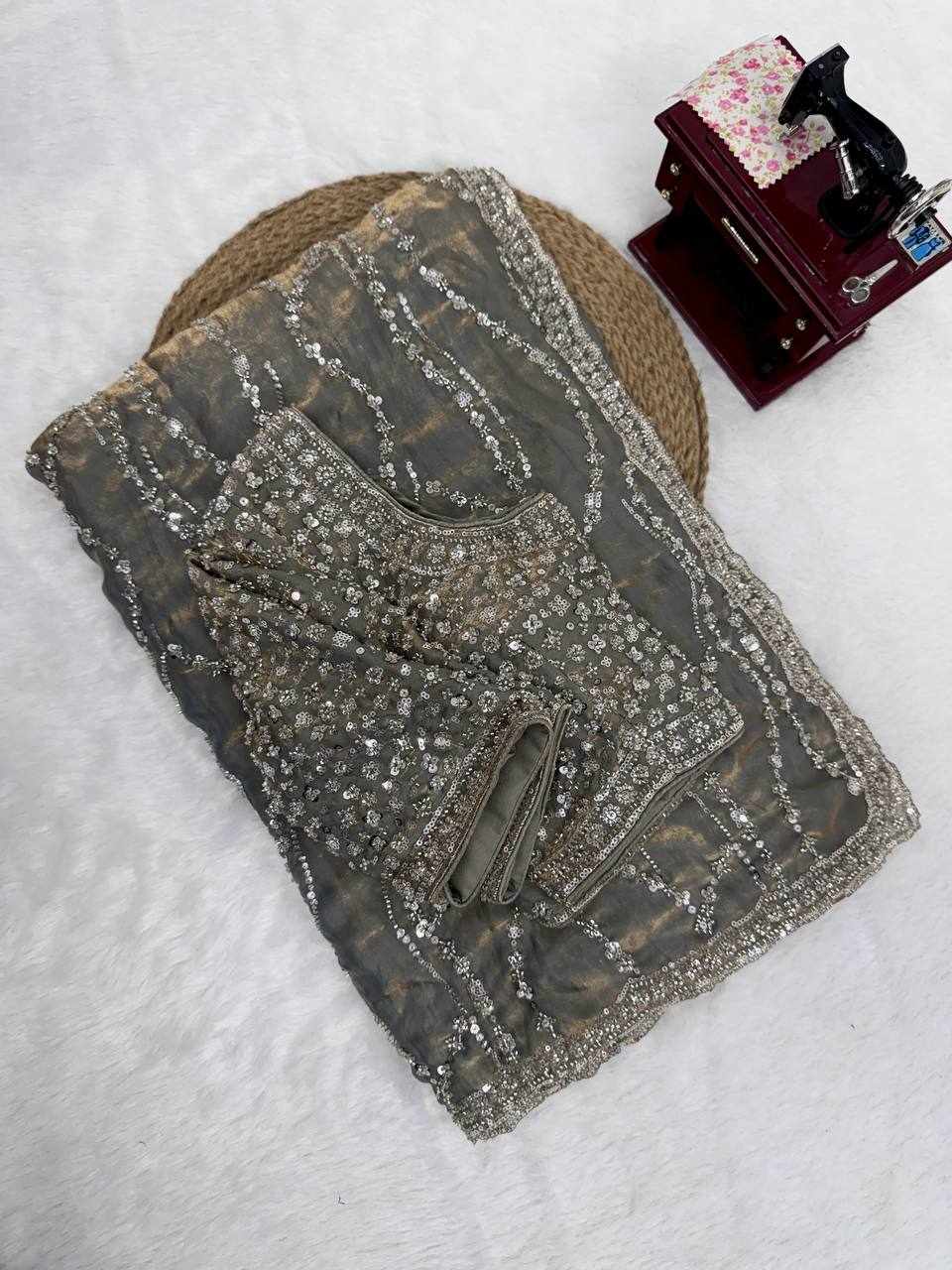 Elegant Grey Sequin Embroidered Designer Saree   (KD 645)