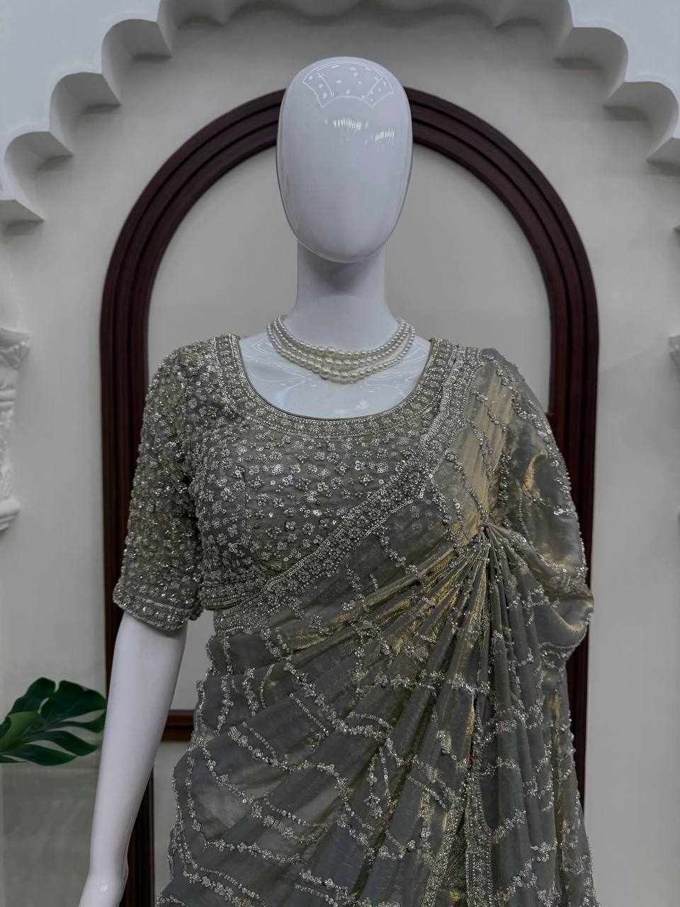 Elegant Grey Sequin Embroidered Designer Saree   (KD 645)