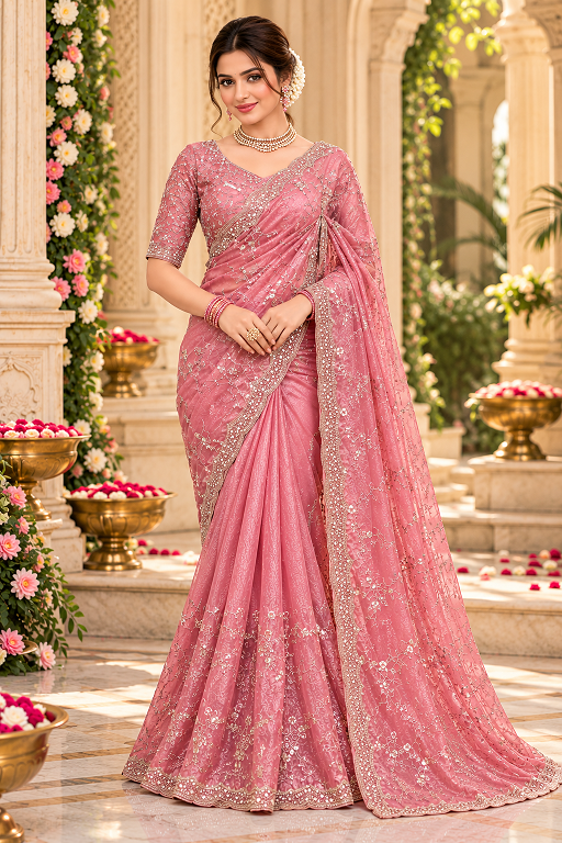 Rose Pink Sequin Embroidered Designer Saree     (KD 641)