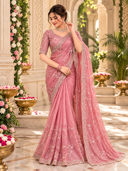 Rose Pink Sequin Embroidered Designer Saree     (KD 641)