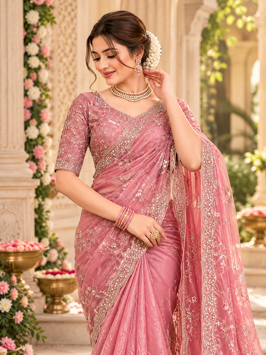 Rose Pink Sequin Embroidered Designer Saree     (KD 641)