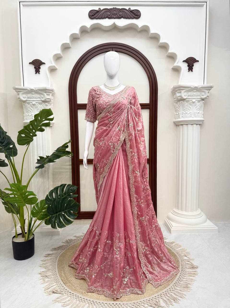 Rose Pink Sequin Embroidered Designer Saree     (KD 641)
