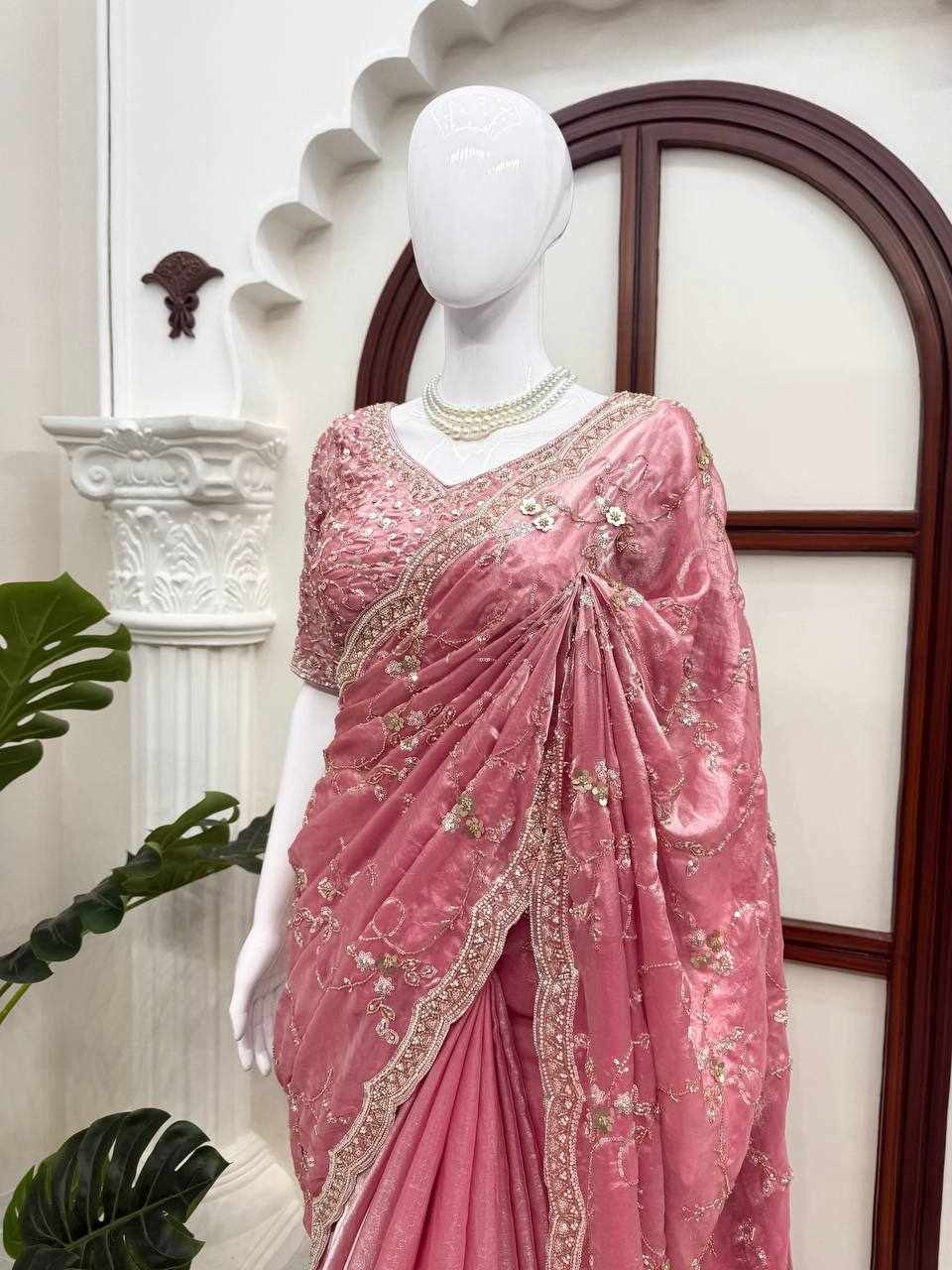 Rose Pink Sequin Embroidered Designer Saree     (KD 641)