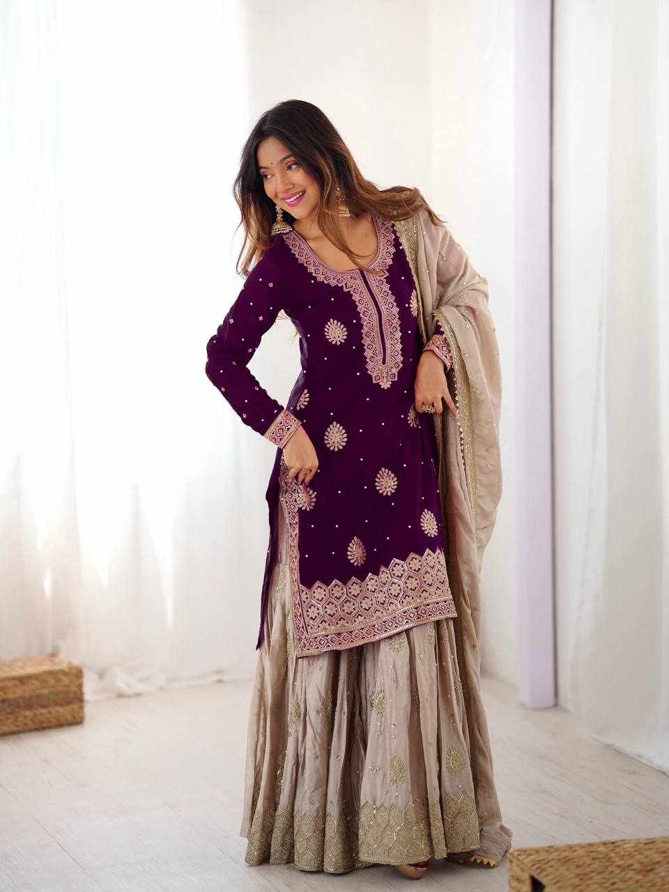 Deep Wine Embroidered Anarkali Lehenga Set RTC 38