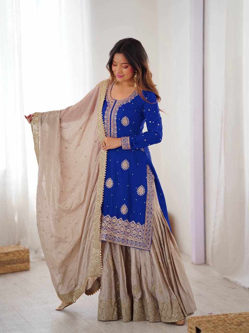 Royal Blue Embroidered Anarkali Lehenga Set RTC 38