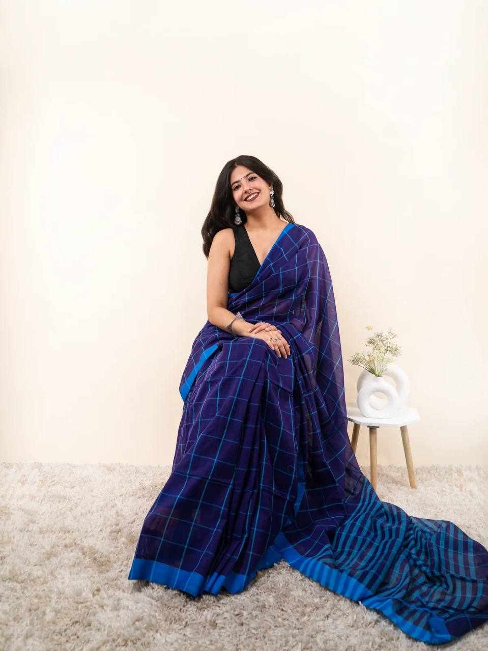 Premium Linen Cotton Digital Printed Blue Saree     (KPW 431)
