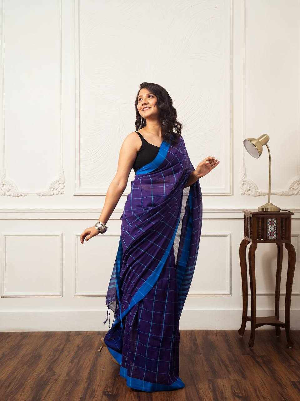 Premium Linen Cotton Digital Printed Blue Saree     (KPW 431) - Detailed Pallu View