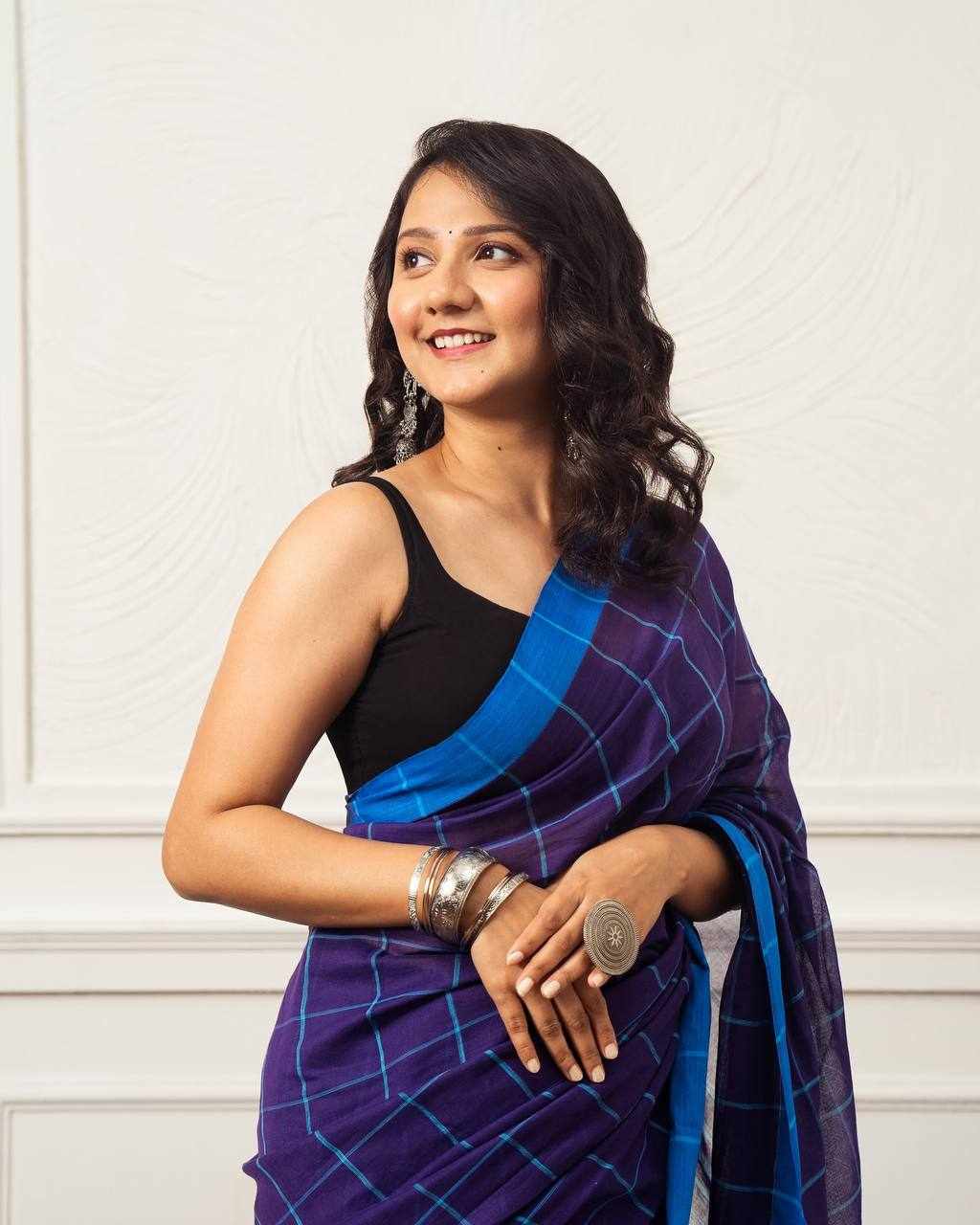 Premium Linen Cotton Digital Printed Blue Saree     (KPW 431)