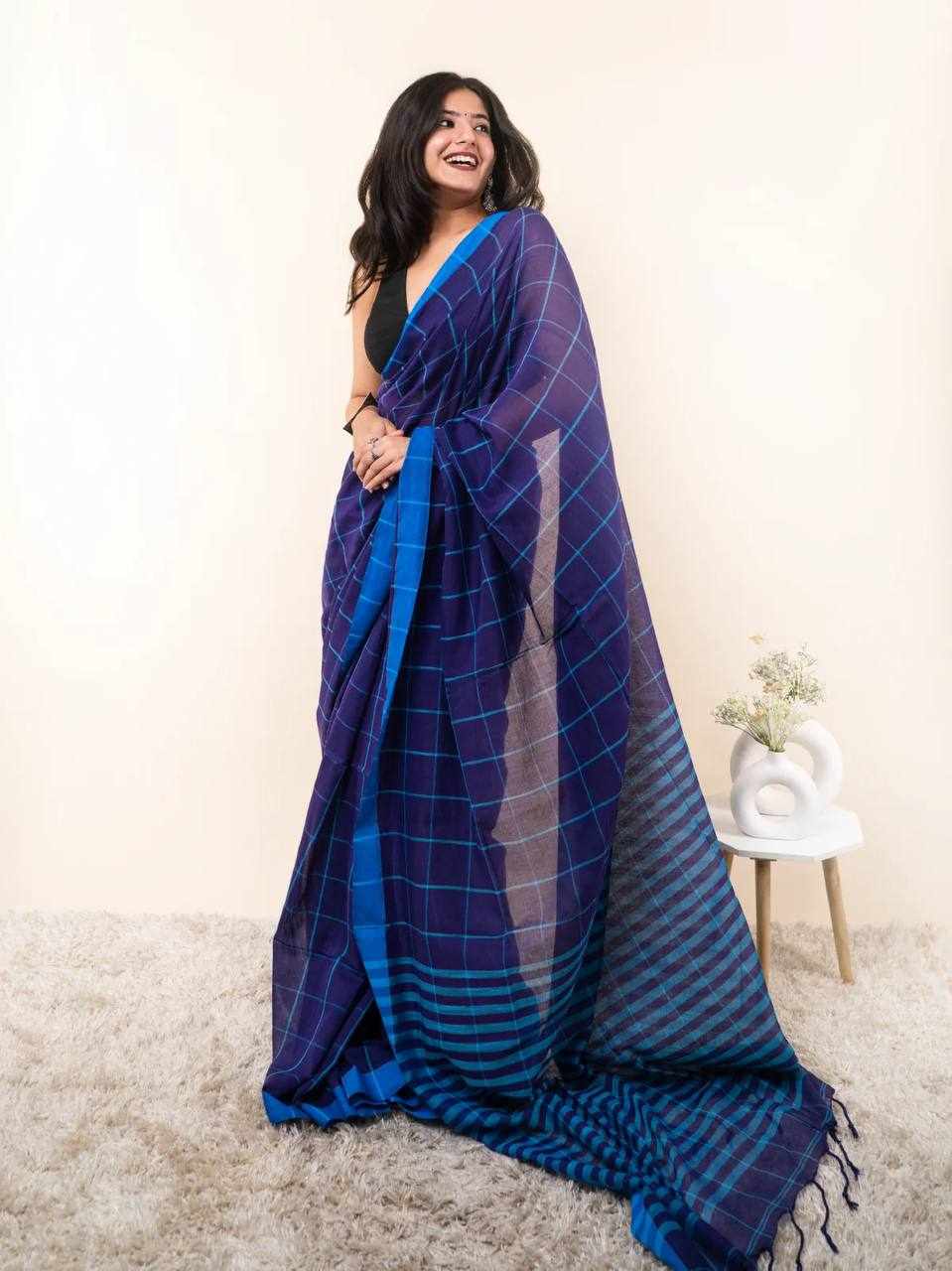 Premium Linen Cotton Digital Printed Blue Saree     (KPW 431)