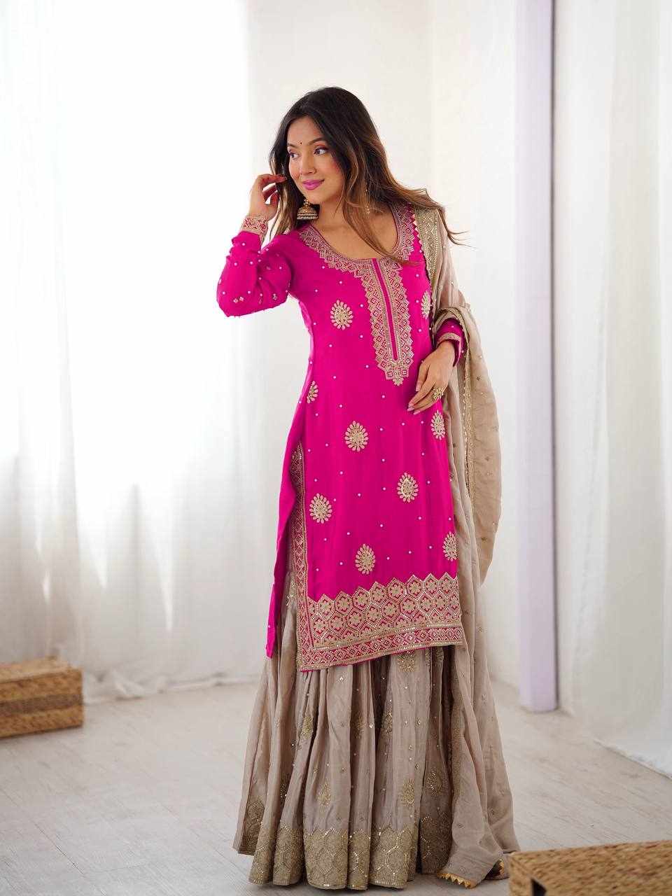Hot Pink Embroidered Anarkali Lehenga Set  RTC 38