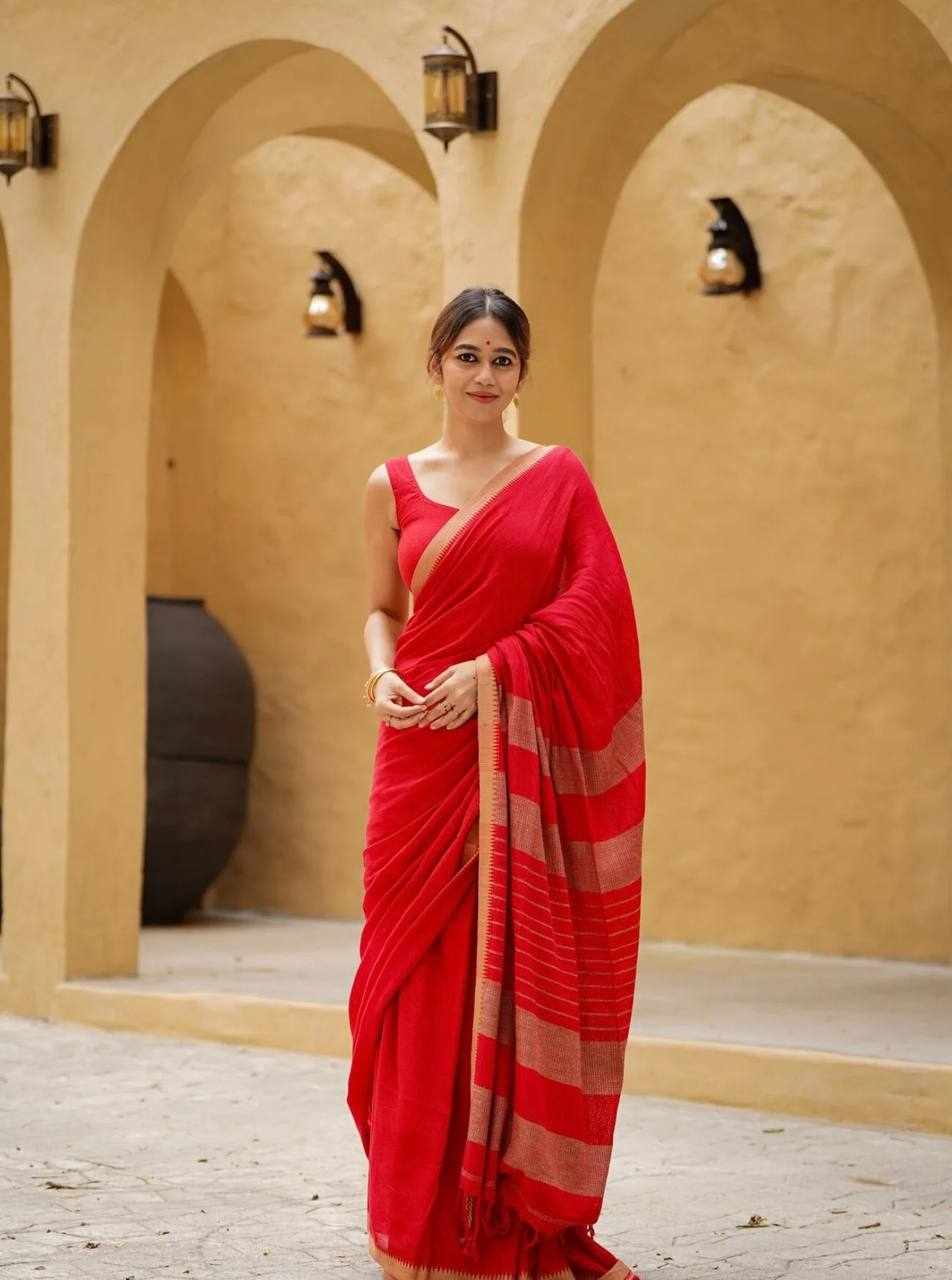 Premium Linen Cotton Colour Border Digital Printed Red Saree    (KPW 430)  