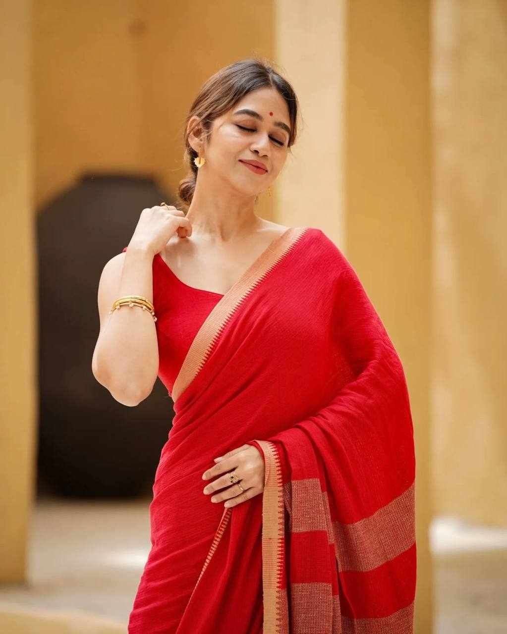 Premium Linen Cotton Colour Border Digital Printed Red Saree    (KPW 430)  