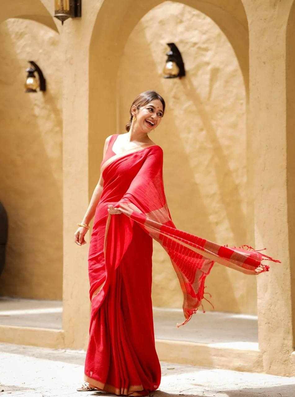 Premium Linen Cotton Colour Border Digital Printed Red Saree    (KPW 430)  