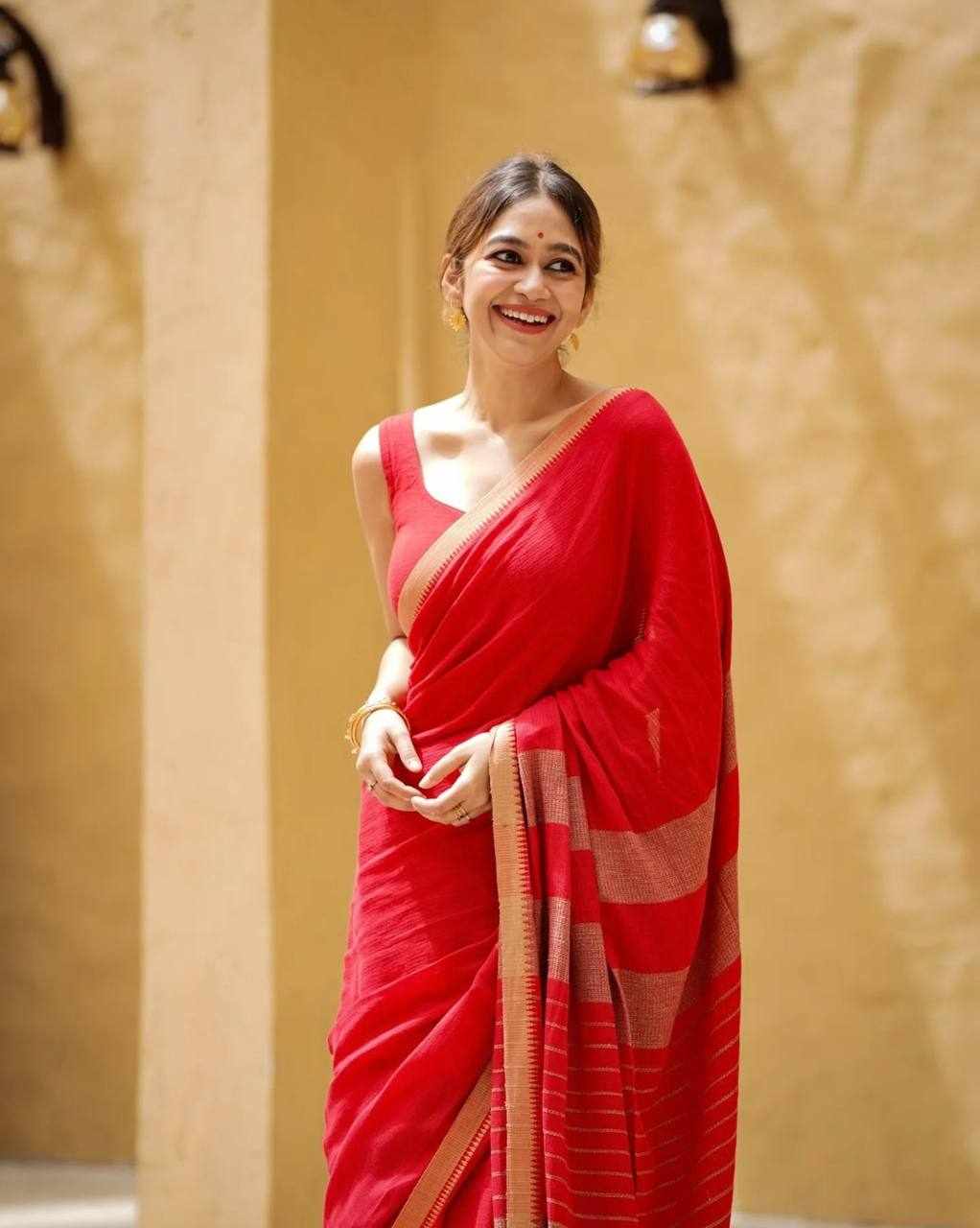 Premium Linen Cotton Colour Border Digital Printed Red Saree    (KPW 430)  
