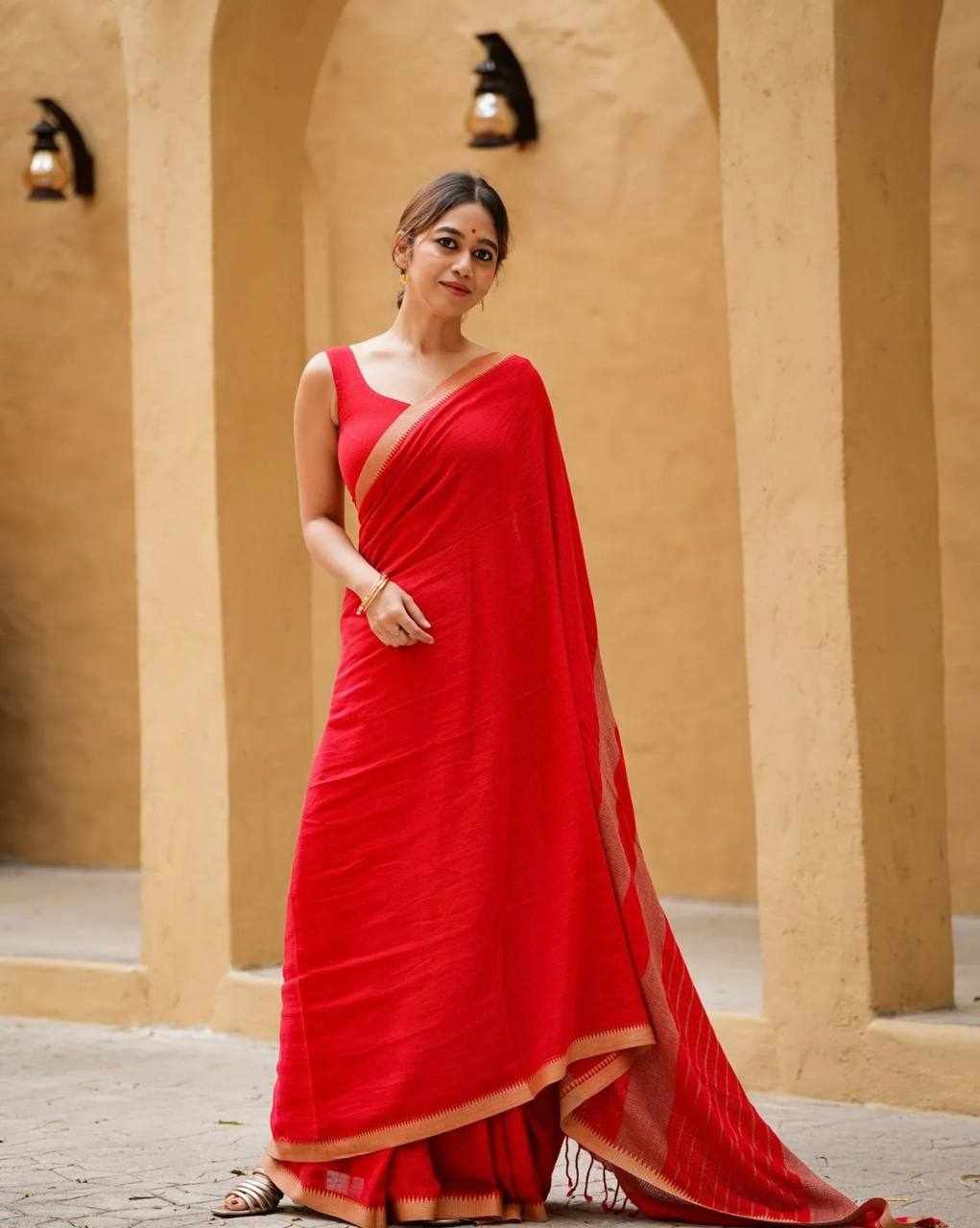 Premium Linen Cotton Colour Border Digital Printed Red Saree    (KPW 430)  