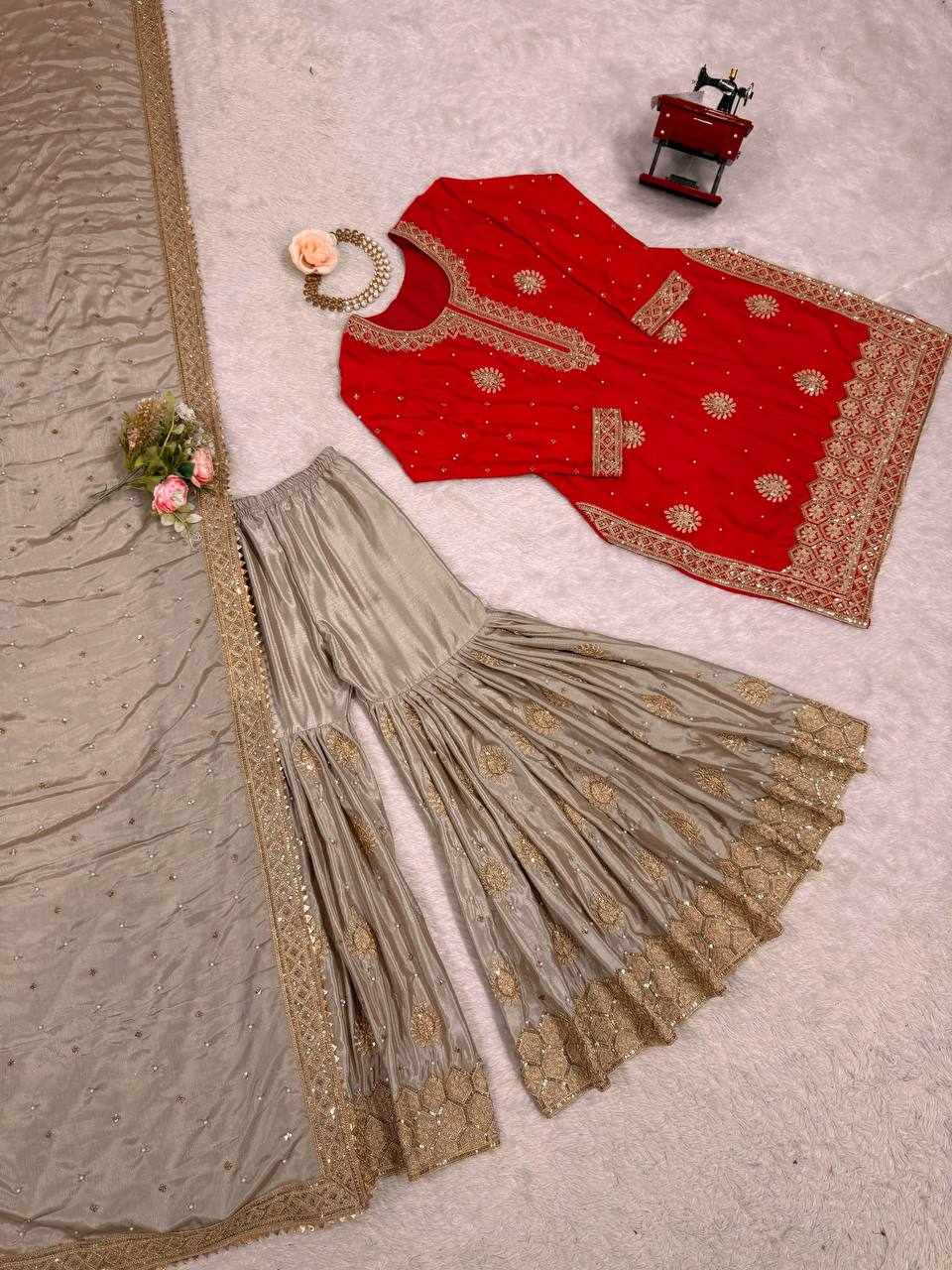 Ruby Red Embroidered Anarkali Lehenga Set   RTC 38