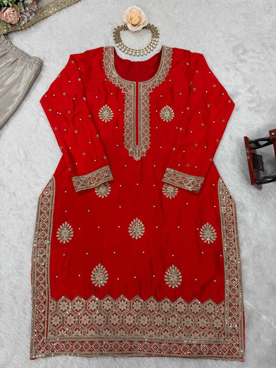 Ruby Red Embroidered Anarkali Lehenga Set   RTC 38