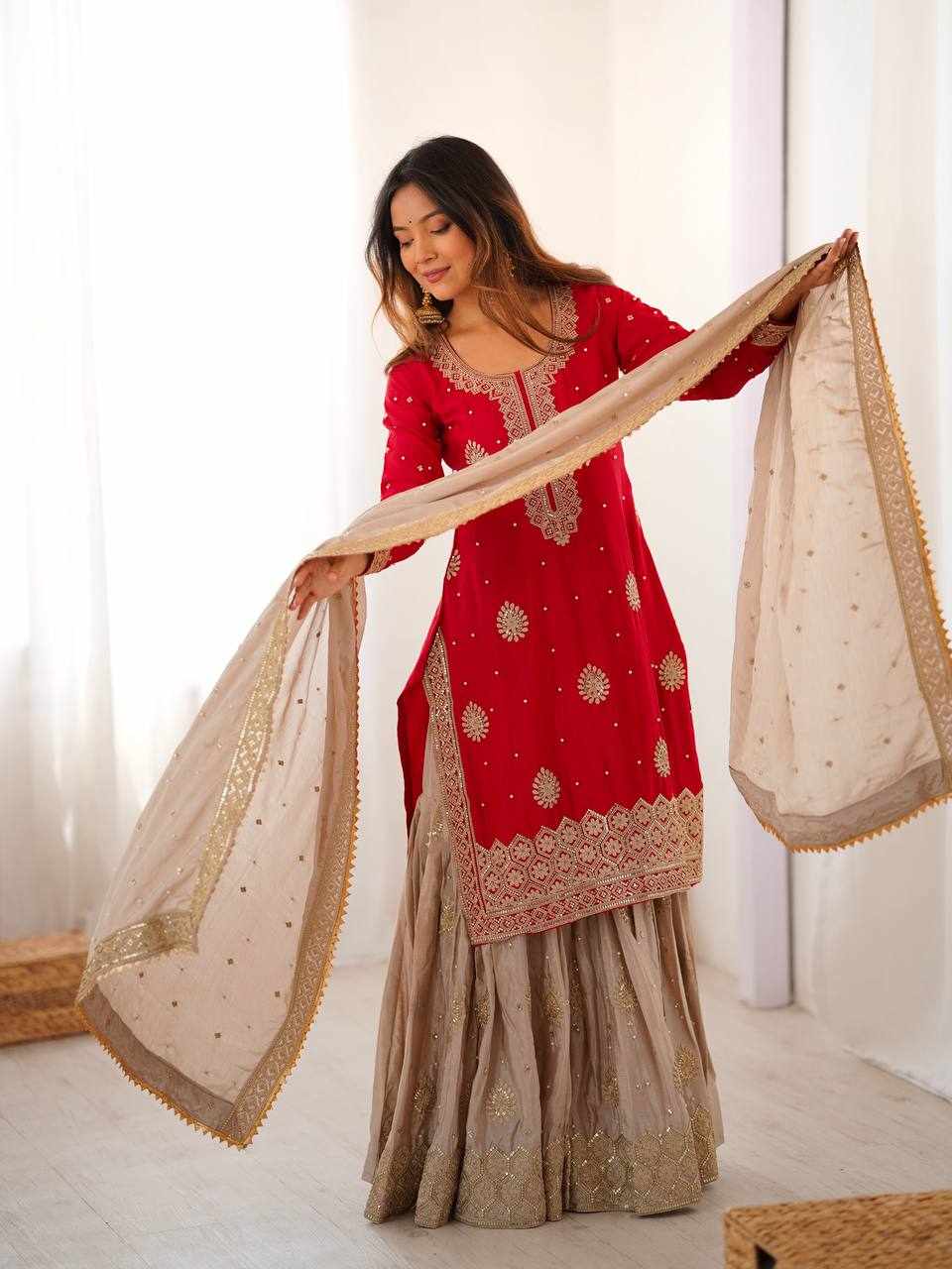 Ruby Red Embroidered Anarkali Lehenga Set   RTC 38