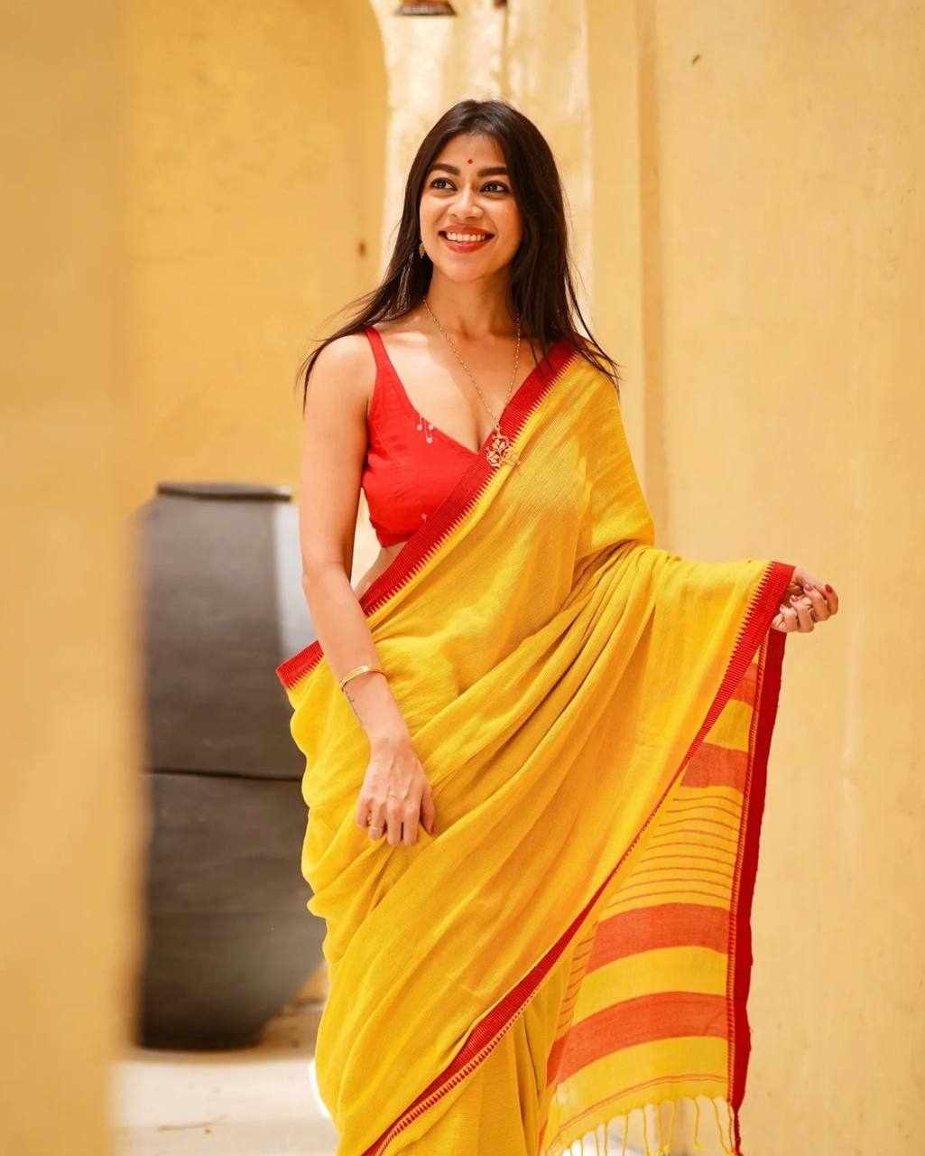 Premium Linen Cotton Digital Printed Yellow Saree