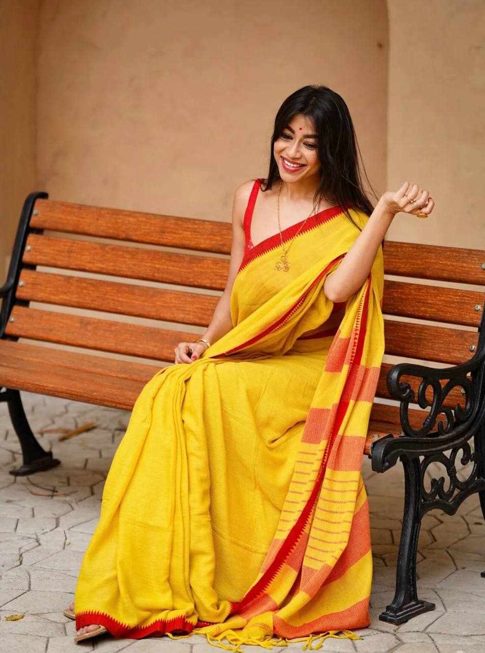 Premium Linen Cotton Digital Printed Yellow Saree