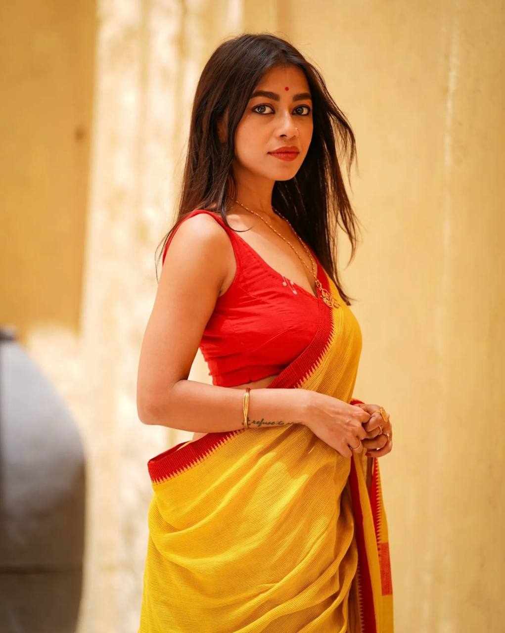 Premium Linen Cotton Digital Printed Yellow Saree